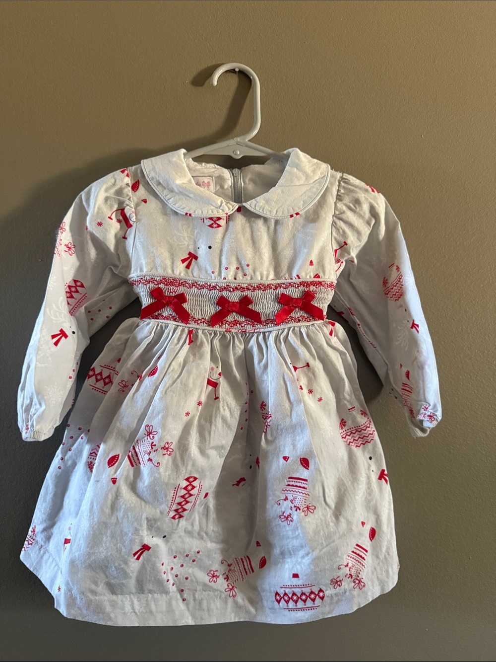 Bonnie Baby White Dress with Red Smocked Waist and Holiday Motif